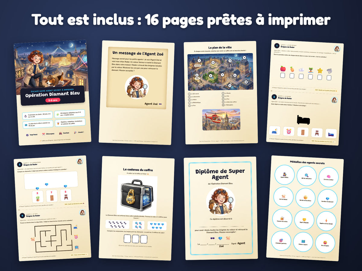 Opération Diamant Bleu — tout ce qui est inclus : 16 pages prêtes à imprimer