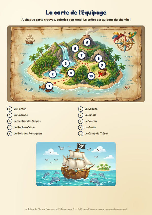 La carte de l'île à colorier, page du jeu pirates