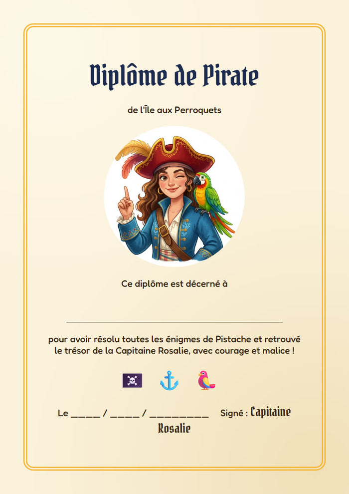 Le diplôme de pirate à remettre à la fin du jeu