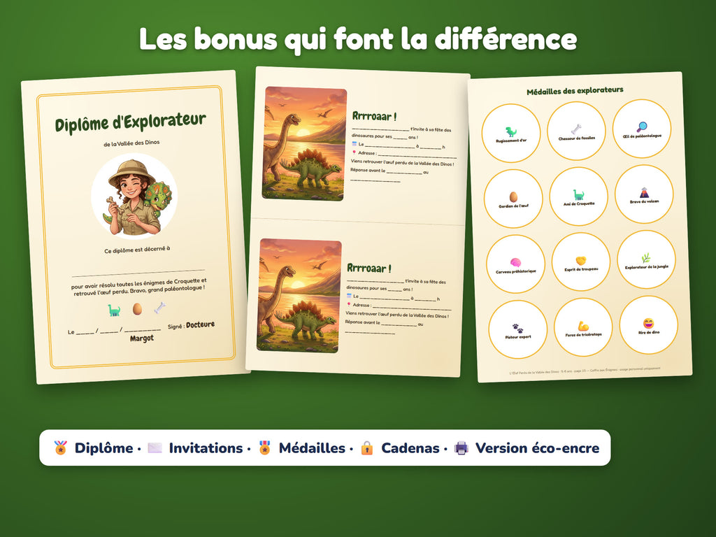 L'Œuf Perdu de la Vallée des Dinos — diplôme, invitations, médailles, cadenas et version éco-encre