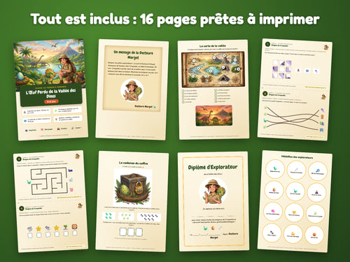 L'Œuf Perdu de la Vallée des Dinos — tout ce qui est inclus : 16 pages prêtes à imprimer