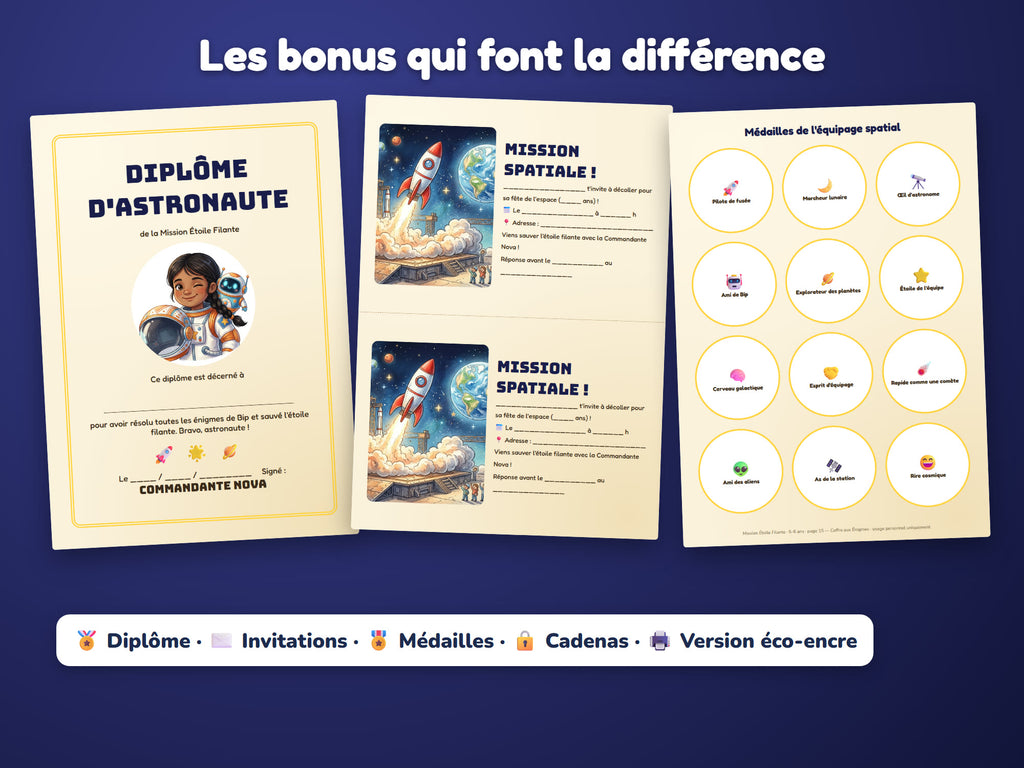 Mission Étoile Filante — diplôme, invitations, médailles, cadenas et version éco-encre