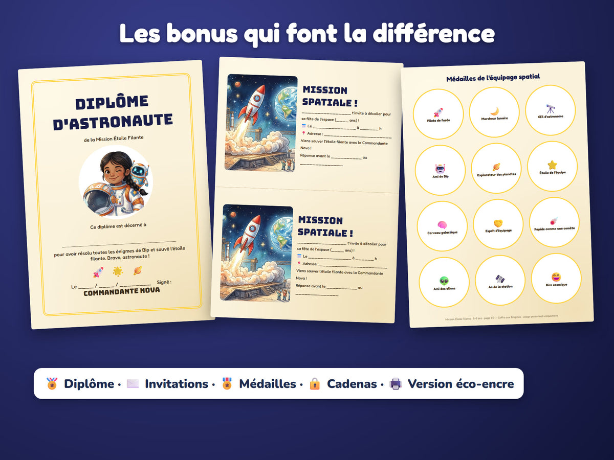Mission Étoile Filante — diplôme, invitations, médailles, cadenas et version éco-encre