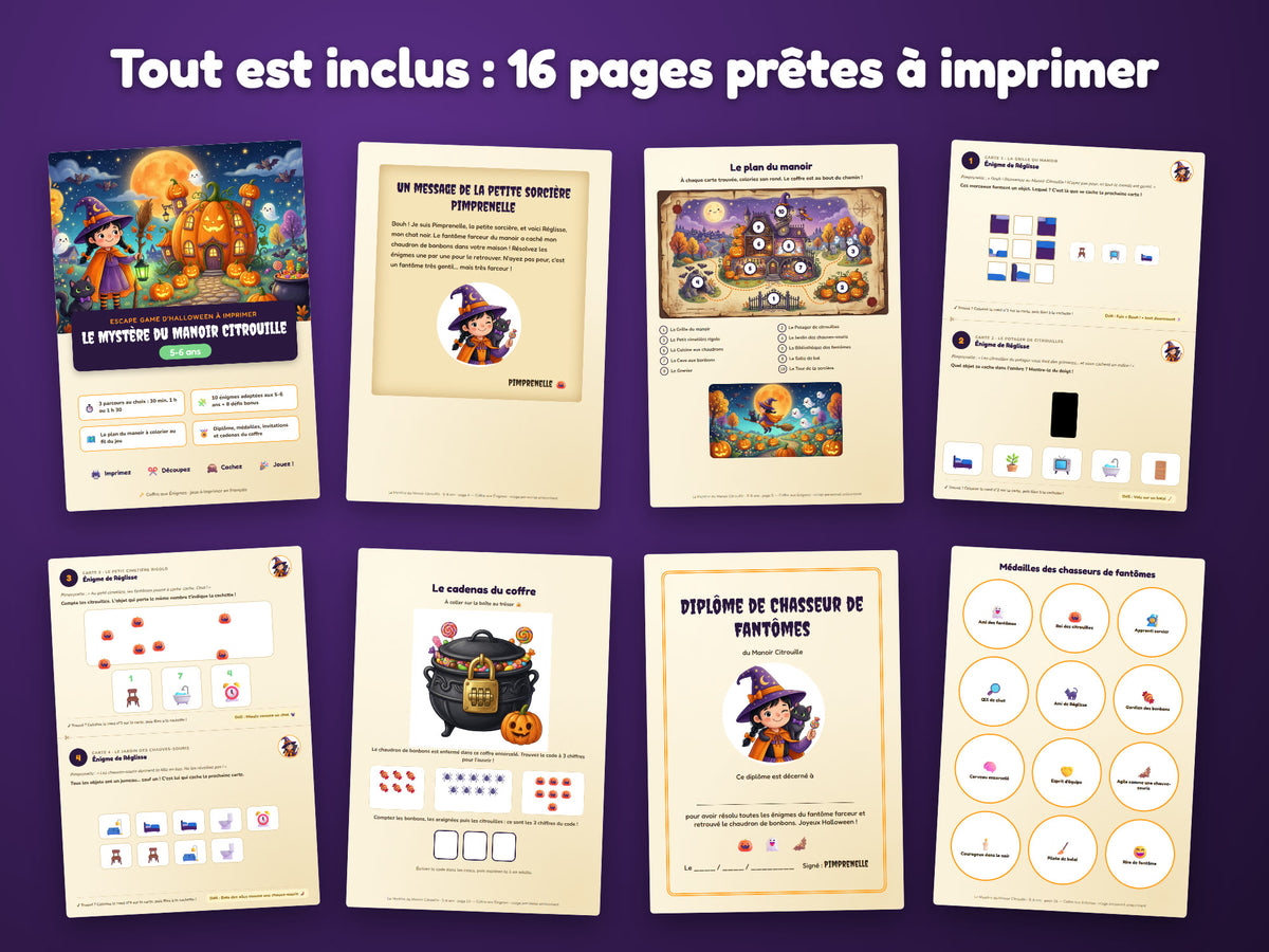 Le Mystère du Manoir Citrouille — tout ce qui est inclus : 16 pages prêtes à imprimer