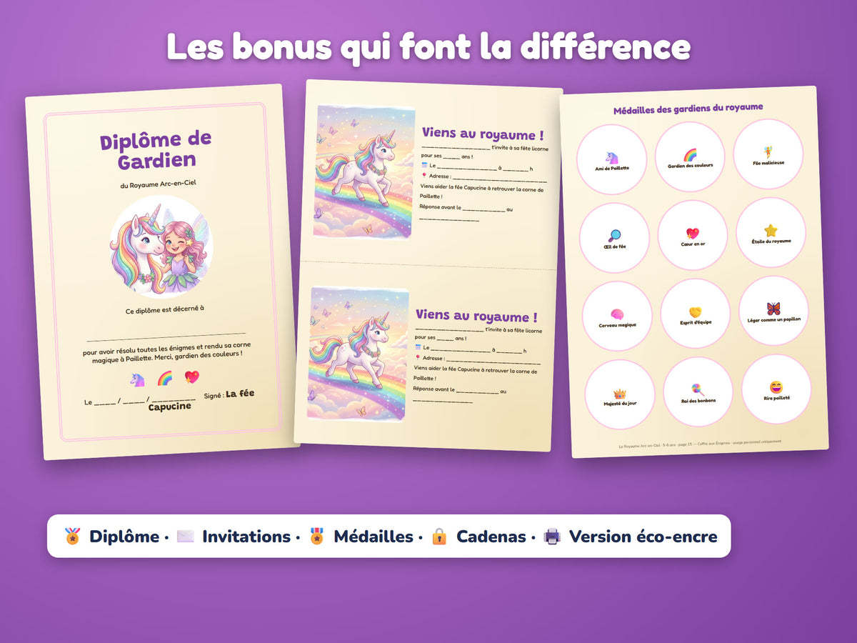Le Royaume Arc-en-Ciel — diplôme, invitations, médailles, cadenas et version éco-encre