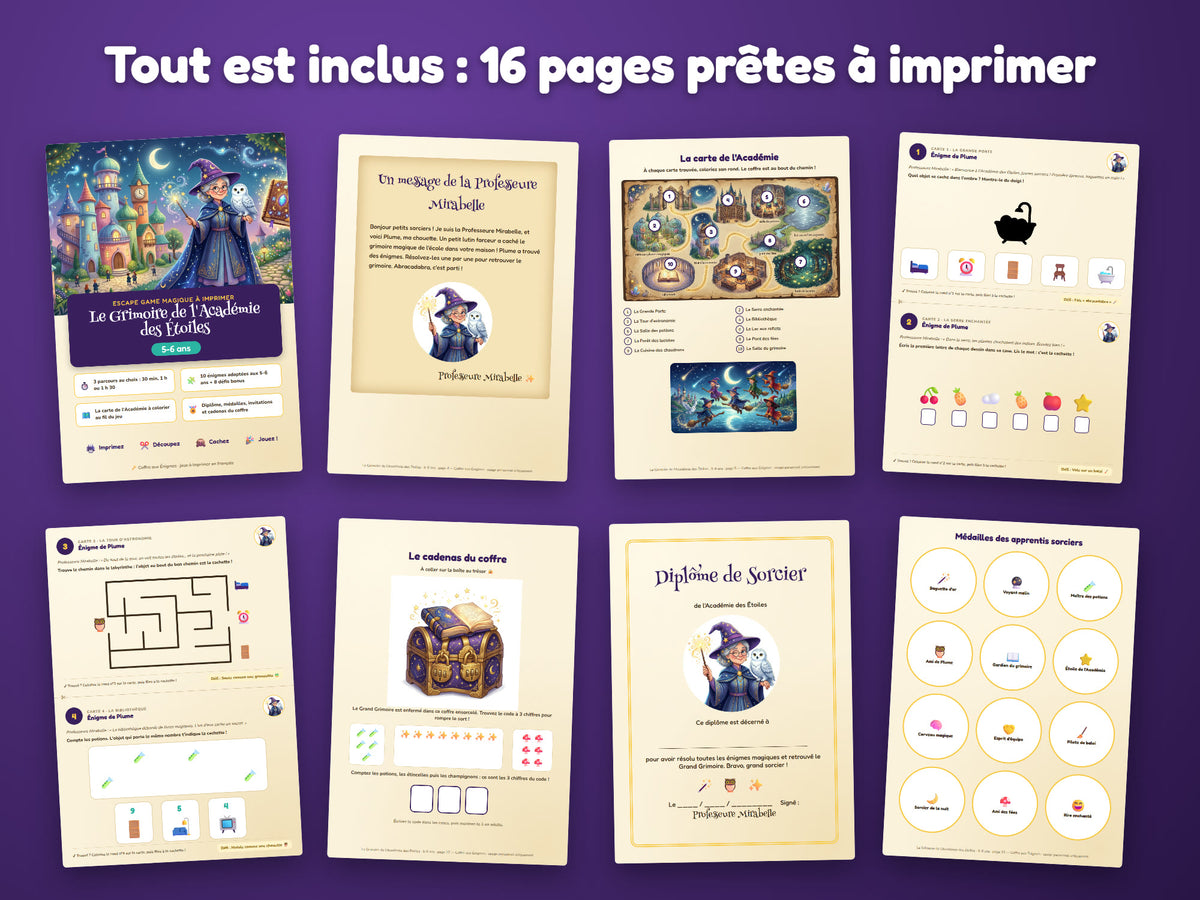 Le Grimoire de l'Académie des Étoiles — tout ce qui est inclus : 16 pages prêtes à imprimer