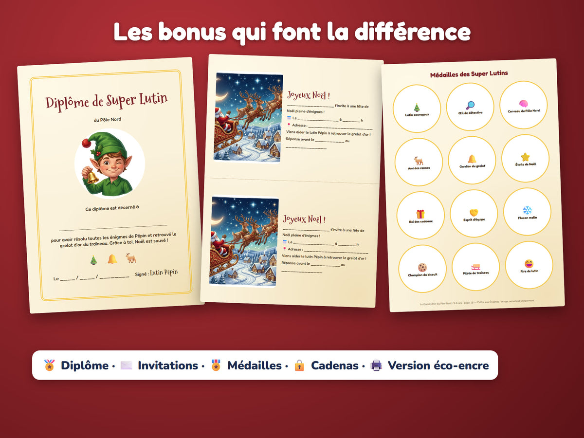 Le Grelot d'Or du Père Noël — diplôme, invitations, médailles, cadenas et version éco-encre