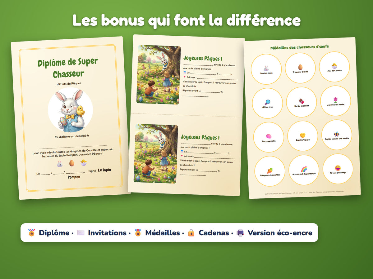 La Grande Chasse du Lapin Pompon — diplôme, invitations, médailles, cadenas et version éco-encre