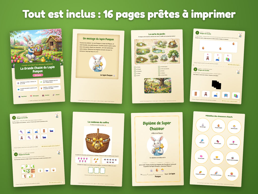 La Grande Chasse du Lapin Pompon — tout ce qui est inclus : 16 pages prêtes à imprimer
