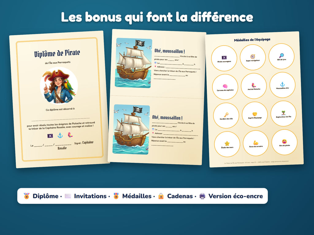 Le Trésor de l'Île aux Perroquets — diplôme, invitations, médailles, cadenas et version éco-encre