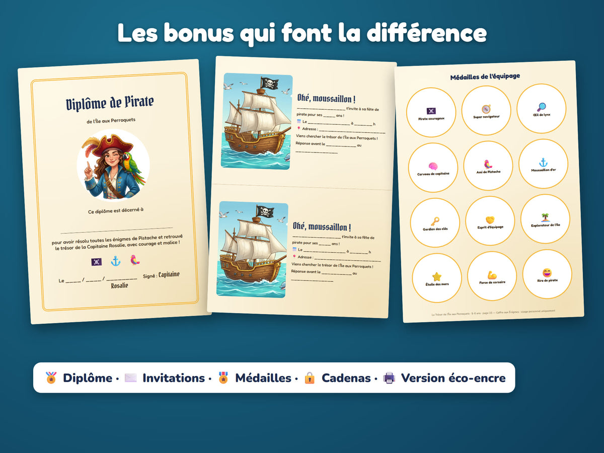 Le Trésor de l'Île aux Perroquets — diplôme, invitations, médailles, cadenas et version éco-encre