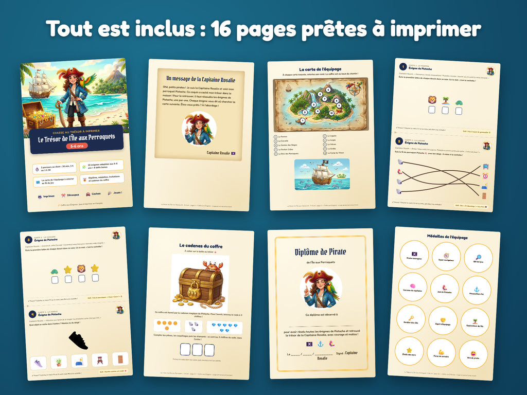 Le Trésor de l'Île aux Perroquets — tout ce qui est inclus : 16 pages prêtes à imprimer