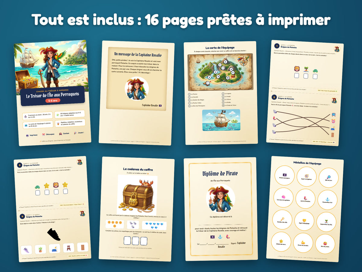 Le Trésor de l'Île aux Perroquets — tout ce qui est inclus : 16 pages prêtes à imprimer